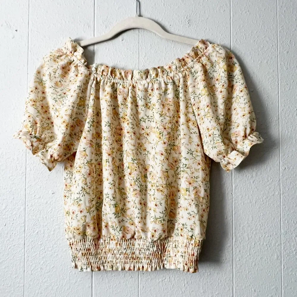 Monteau Floral Puff Sleeve Smocked Top Womens XS Cottagecore Dainty Fairy Boho